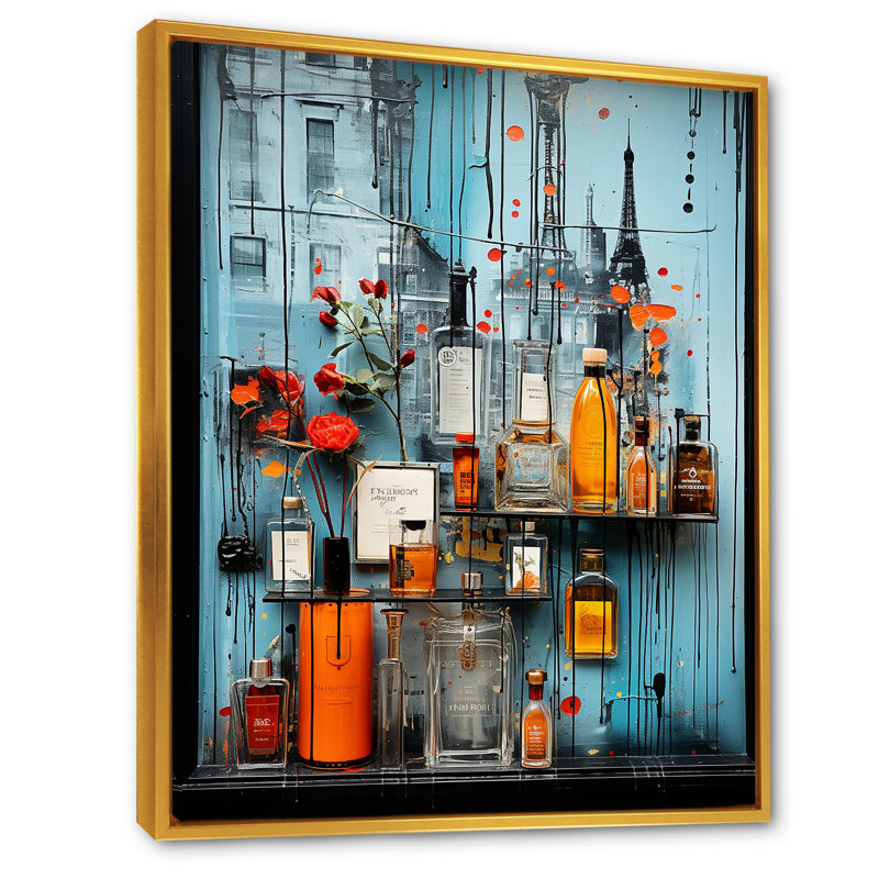 «Blue Fragrant Bottles Of Perfumes 2», art mural parfums, Cadre flottant doré, H 44 po x l 34 po x P 1,5 po