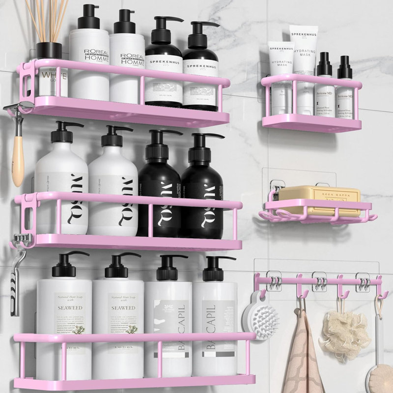 Ensemble de support de douche - Organisateur de salle de bain grande capacité 6 pièces avec conception antirouille, sans tablettes adhésives de perçage, avec porte-savon et 12 crochets pour le rangement de la douche