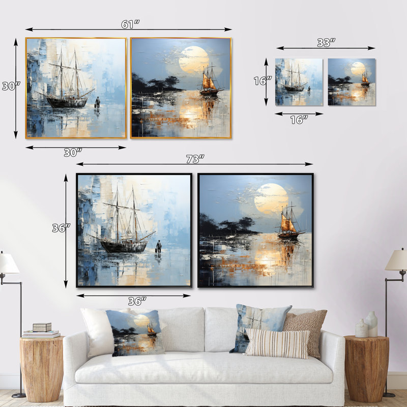 Minimalisme, paysage de pirate bleu et blanc - ensemble de 2 carrés côtiers, Cadre flottant noir, H 16 po x l 33 po