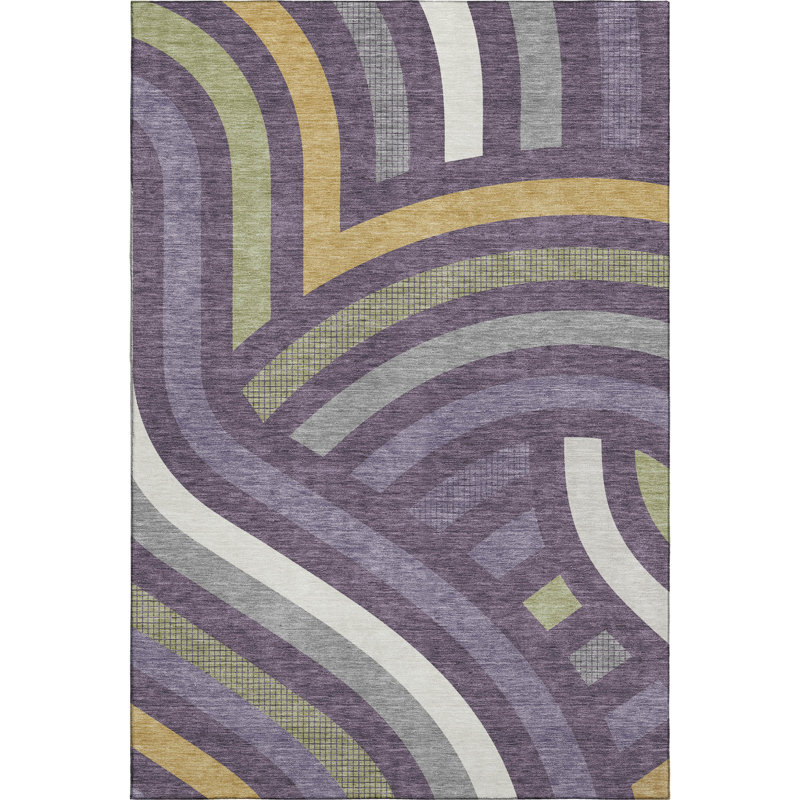 Tapis de qualité supérieure Mid-Century moderne lavable à la machine Premium Mayfield AMF2467, Prune, 3 pi x 5 pi