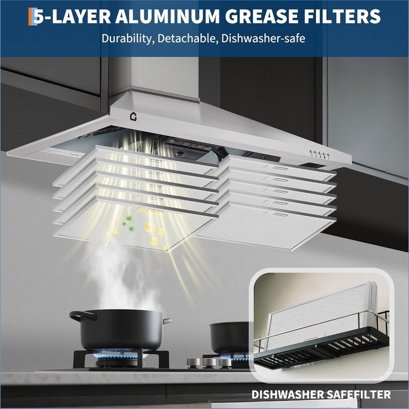 30 Inch Range Hood Wall Mount with Ducted/Ductless Conversion, Aluminum Filters, 3-Speed Exhaust Fan, LED Light, Button Control