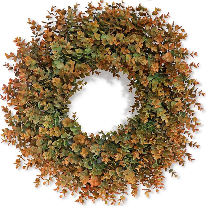 Couronne d'eucalyptus artificiel 26 po - Feuille d'automne orange et verte pour porte d'entrée et maison