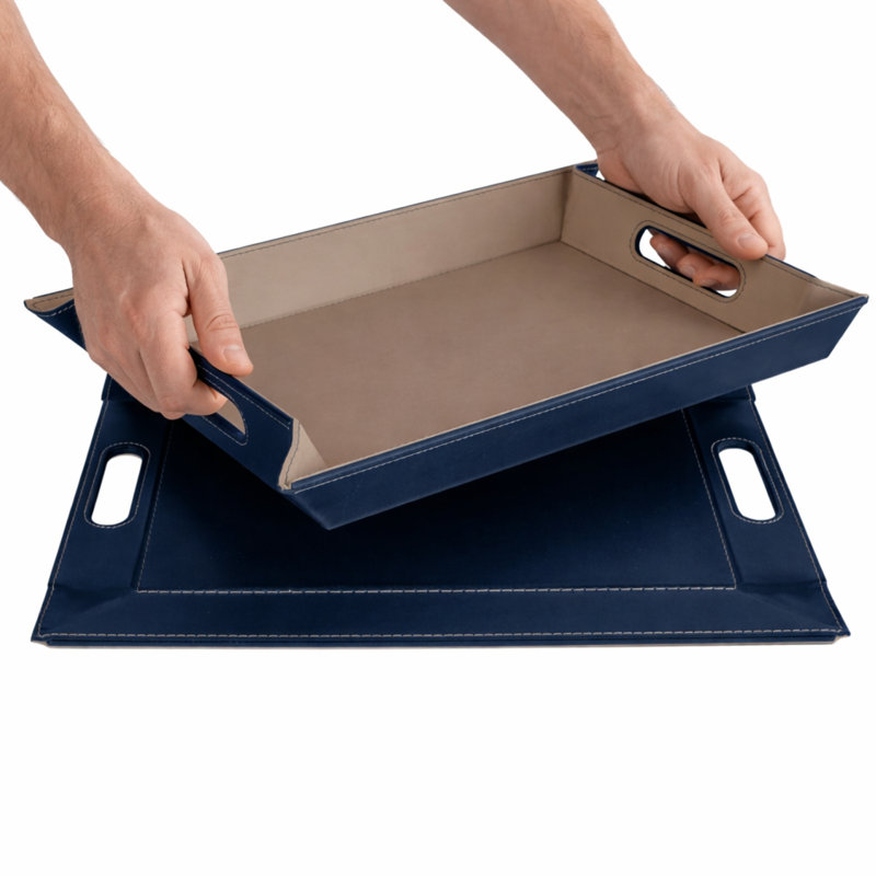 Plateau de service et napperon convertible 2-en-1 Freeform Freeform, similicuir de qualité supérieure - plateau repose-pieds, plateau de canapé et plateau de recouvrement avec poignées, réversible - bleu et taupe