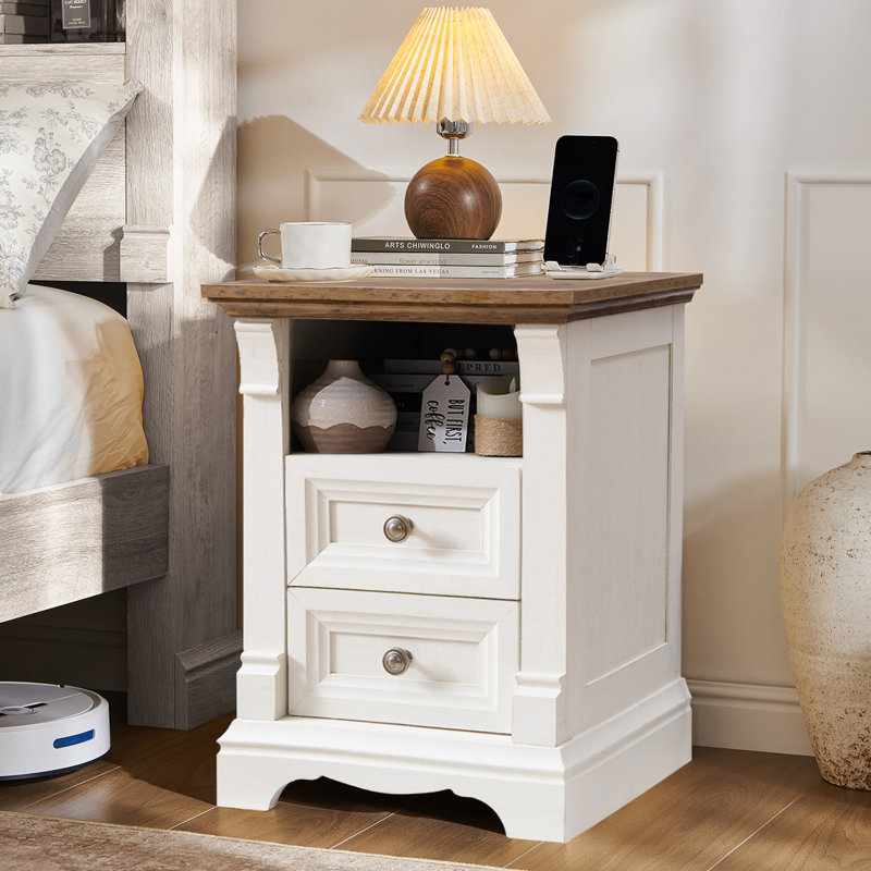 Table de chevet 18 po avec charge intégrée et 2 tiroirs, Antique White