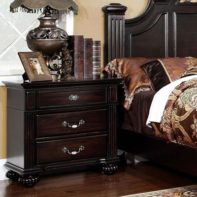Dark Walnut Bedroom Furniture: Solid Wood Nightstand With 3 Drawers And Metal Bearing Glides Antique Brass Handles Acrylic Accents English Constructio