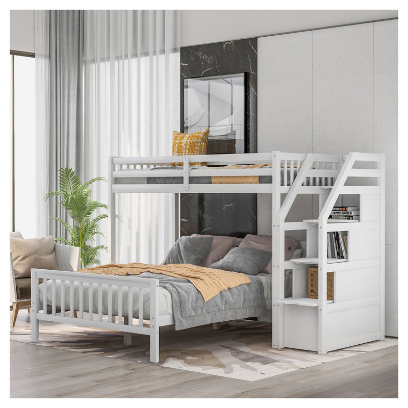 Lit mezzanine simple au-dessus de double avec escalier de rangement, lit superposé en bois de pin massif avec échelle réversible et garde-corps blancs
