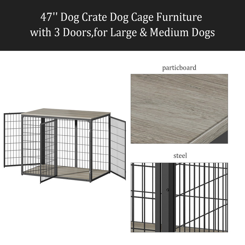 Meuble cage pour chien de 47 po avec 3 portes, pour chiens de grande taille et de taille moyenne, Gris