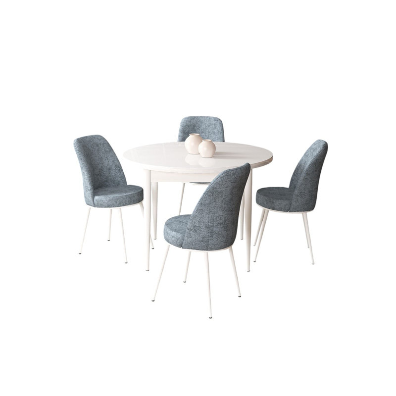 Ensemble de table et chaises de salle à manger 5 pièces Modern, blanc et gris | Table de salle à manger: 35,4 po x 29,5 po x 35,4 po, pieds en métal, chaises: 17,7 po x 35,8 po x 16,5 po | Panneau de particules 100% mélaminé, assise confortable en mousse, design élégant et fonctionnel