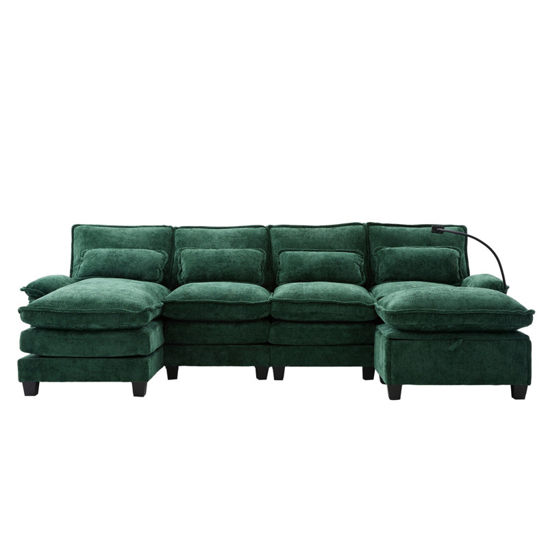 Canapé modulaire en U modulaire 4 places Modern Chenille, Chenille émeraude
