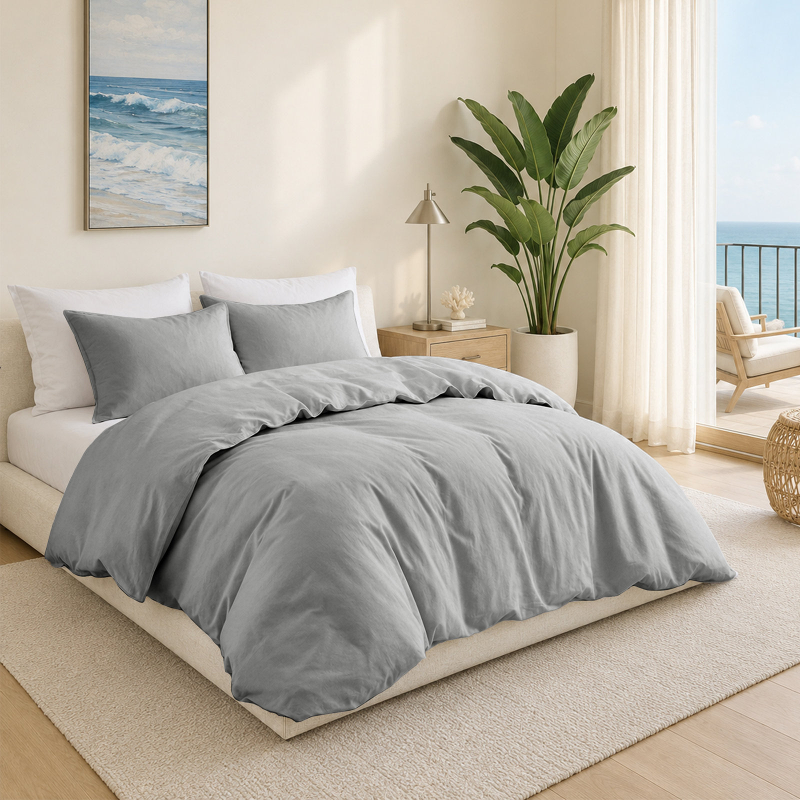 Boseman 100% Linen Duvet Reversible Duvet Cover Set, Gray, Queen Duvet Cover + 2 Standard Pillowcases
