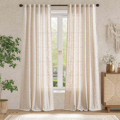 Linen Blend Embroidered Light Filtering Curtains with Rod Pocket