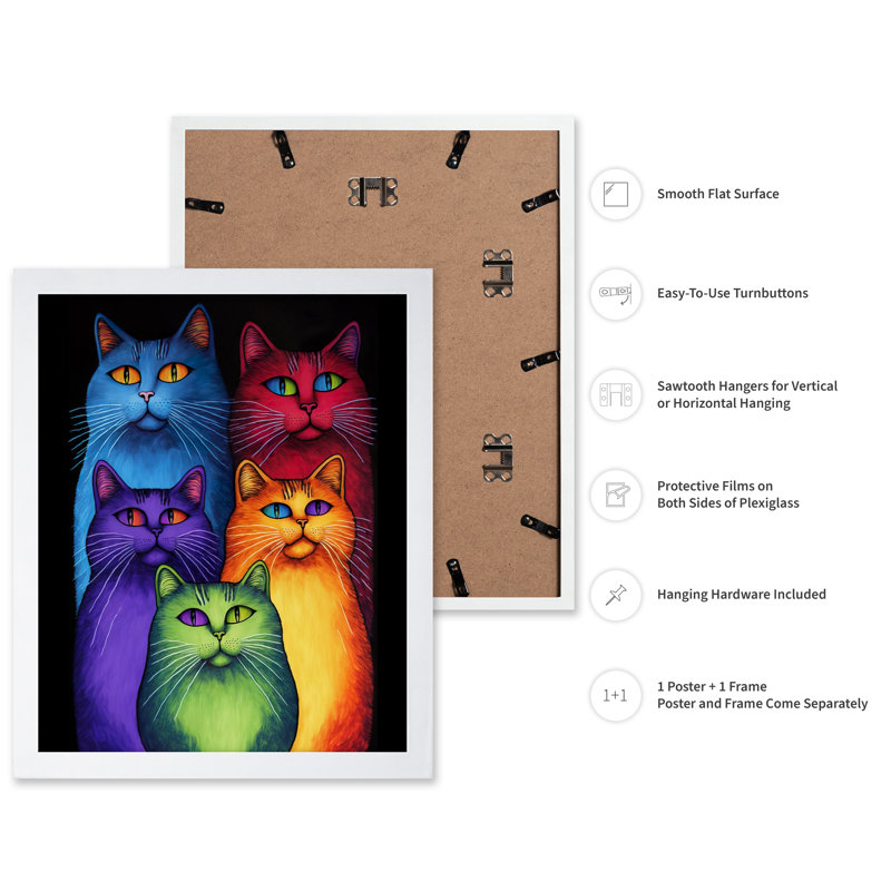 Rainbow Cats, Poster, 12"H x 16"W, White Framed