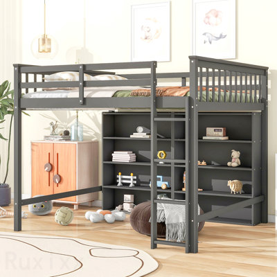 Full Size Loft Bed With 8 Open Storage Shelves And Built-In Ladder, Antique Gray