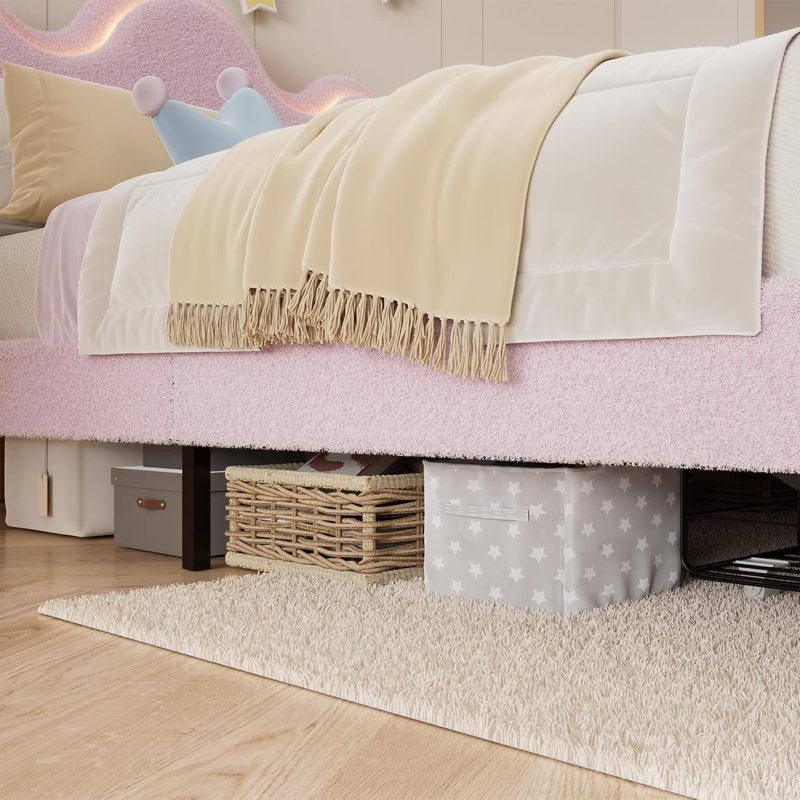 Upholstered Princess Platform Bed Frame with LED Lights, Flower-Shaped Headboard & Storage Drawers, Boucle Fabric Kids Bed, No Box Spring Required
