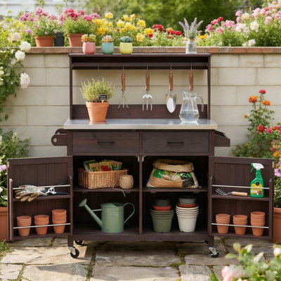 53.2" W Solid Fir Wood Outdoor Kitchen Island & BBQ Grill Cart With 201 Stainless Steel Top, High Storage Shelf And Locking Wheels