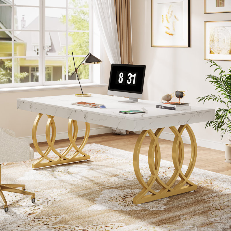 Bureau de direction 63 "avec base en métal, Blanc / Doré