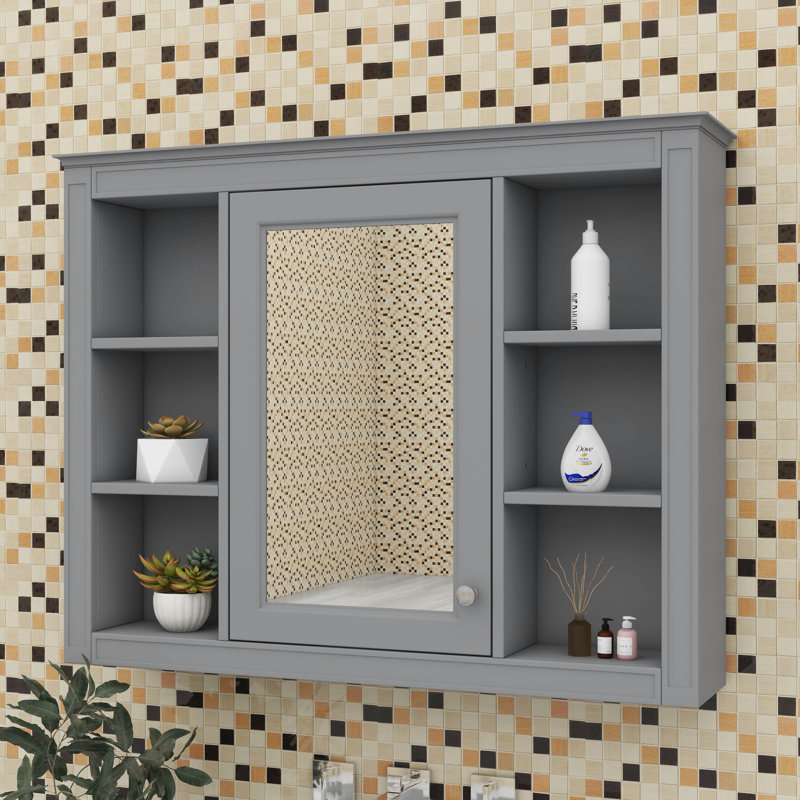 Armoire à pharmacie murale avec miroir, 6 tablettes ouvertes, Gris