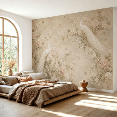 Papier peint adhésif à motif de paons blancs Branches florissantes, rétro, chinoiserie, papier autocollant doux amovible, décoration murale pour salon, chambre à coucher H 69 po x l 96 po