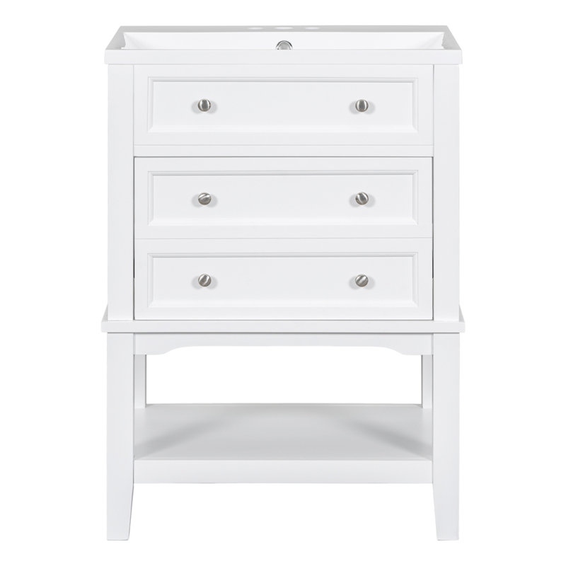 White Solid Wood Freestanding Bathroom Vanity with Ceramic Sink