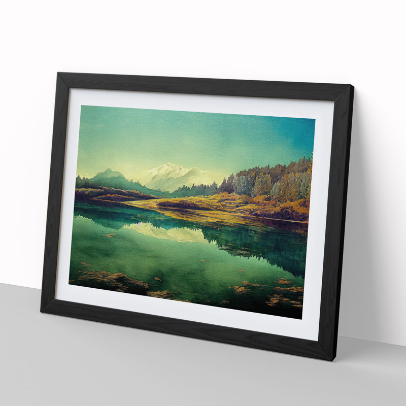 Aqua Watercolour Lake - Single Picture Frame Print, Black, 46cm H x 64cm W
