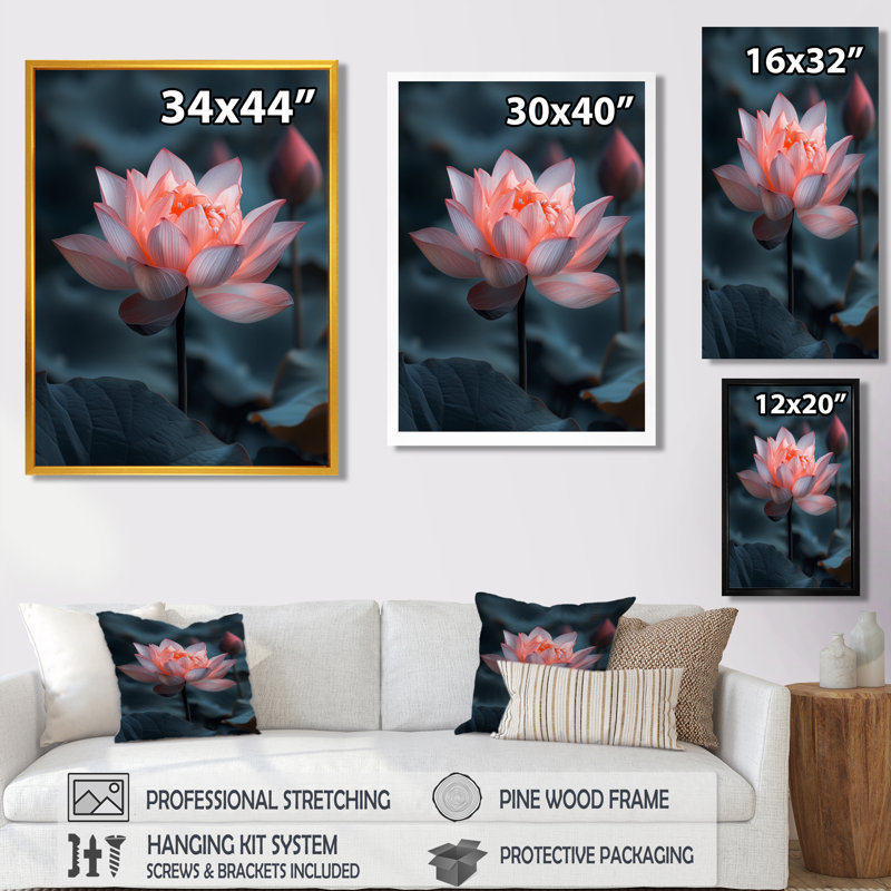 Verre Serenity Lotus I - art mural Lotus, H 24 po x l 32 po, Cadre simple noir