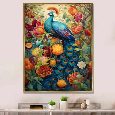 Coloré de paon bleu dans un champ de fleurs sur toile