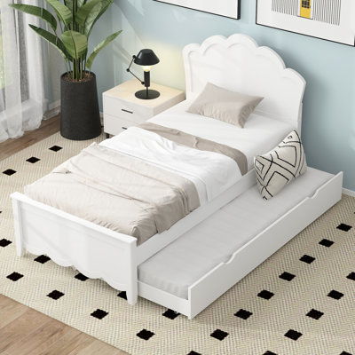 Lit simple en bois blanc avec tête de lit et lit gigogne portatif