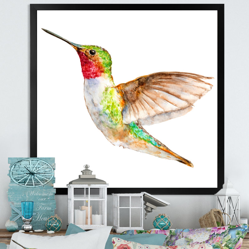 Croquis de colibri - art mural traditionnel sur toile, Toile avec cadre noir, H 16 po x l 16 po x P 1 po