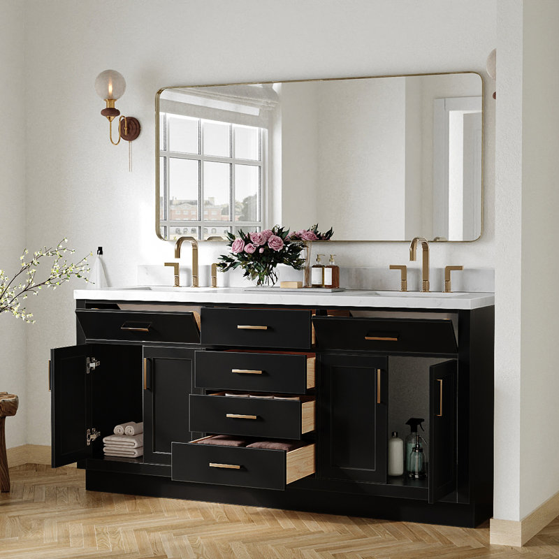 Thornaby 72'' Solid Wood Double Bathroom Vanity with 1.5'' Carrara Quartz Top, Black, Rectangular