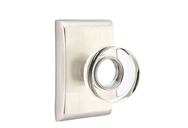 Ensemble de mortaise intérieure Emtek avec rosette Neos et poignée moderne en verre à disque (droite), Nickel satiné