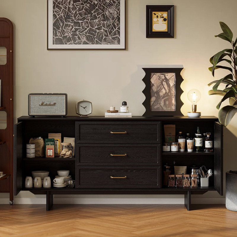 Buffet en bois massif de style rétro de 61 po, Noir