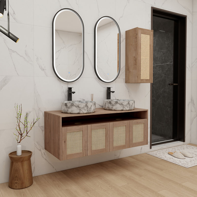 Meuble-lavabo 48 po avec 2 lavabos en céramique et armoire latérale, 4 portes à fermeture douce, 48", Gris