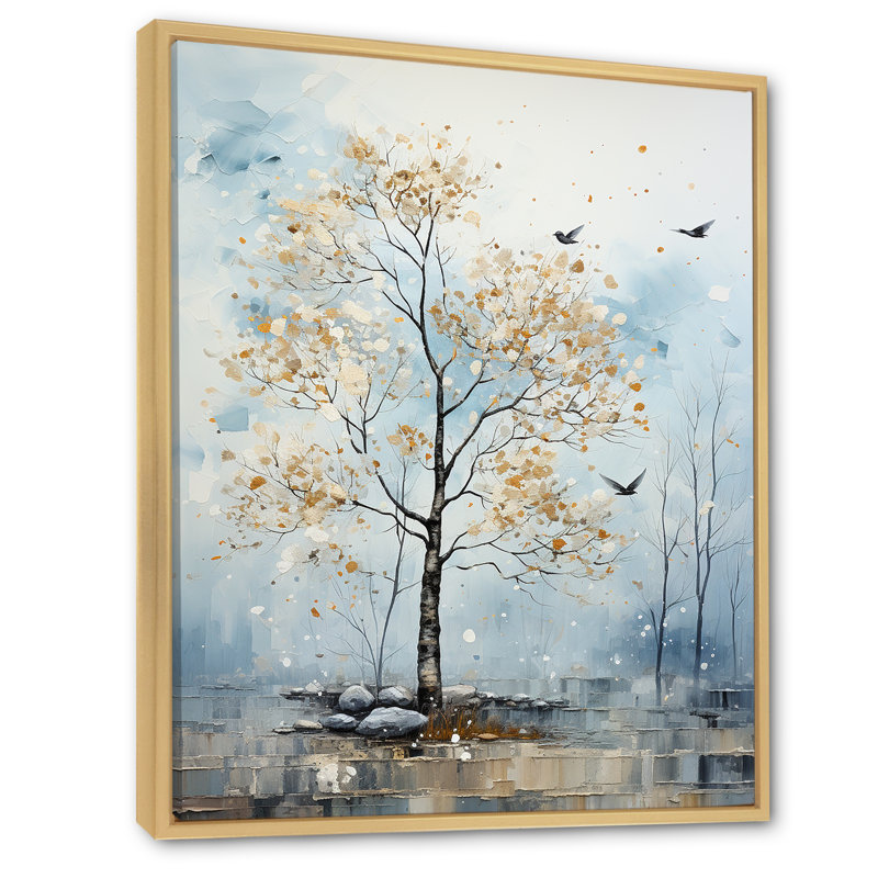 «Soft Blue Tones Maple Tree I», reproduction sur toile, Cadre flottant naturel, H 32 po x l 16 po x P 1 po