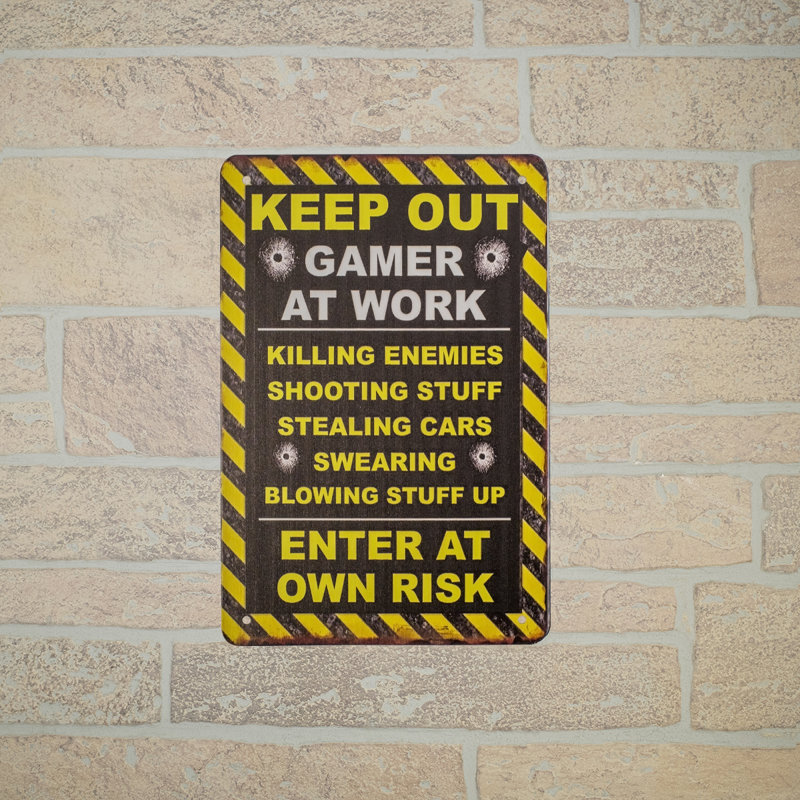 Caution Keep Out Gamer At Work Metal Wall Sign Funny Dorm Bedroom Man Cave Decor