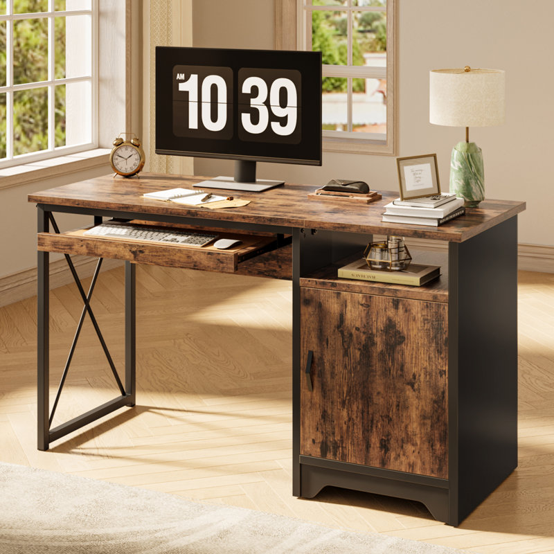 Bureau d'ordinateur 47 po réversible avec armoire et plateau à clavier, bureau industriel à domicile ou bureau d'étude pour petits espaces avec tablette