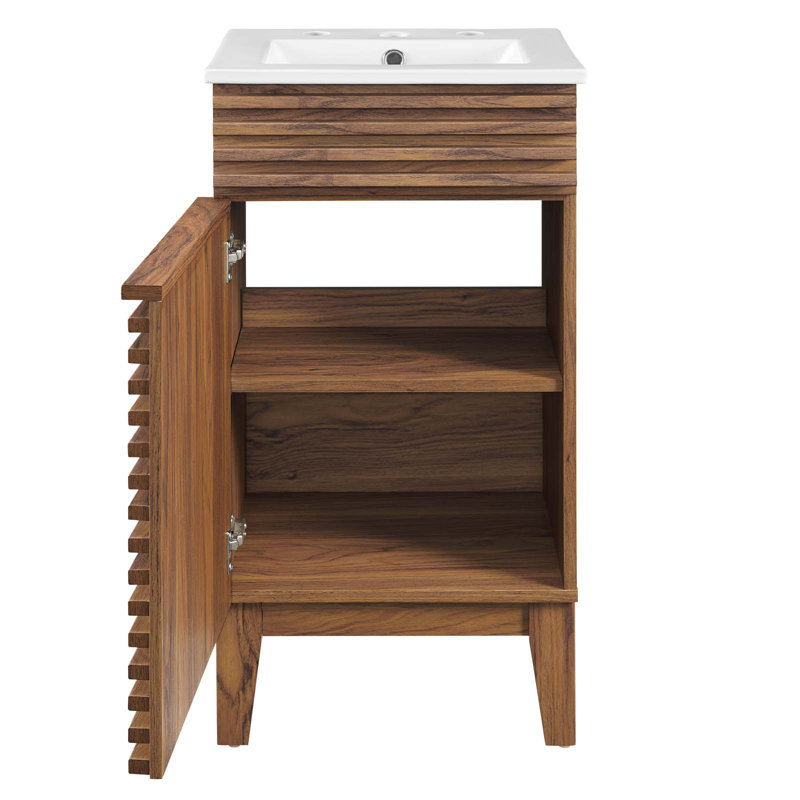 Walnut and White Mid-Century Modern Bathroom Vanity with Ceramic Sink