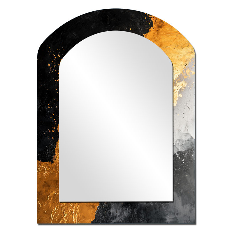 Gold And Black Auroras Edge Shapes II - Abstract Shapes Arch Mirror, Black Asymmetrical Decorative Wall Mirror, Printed Metal Art