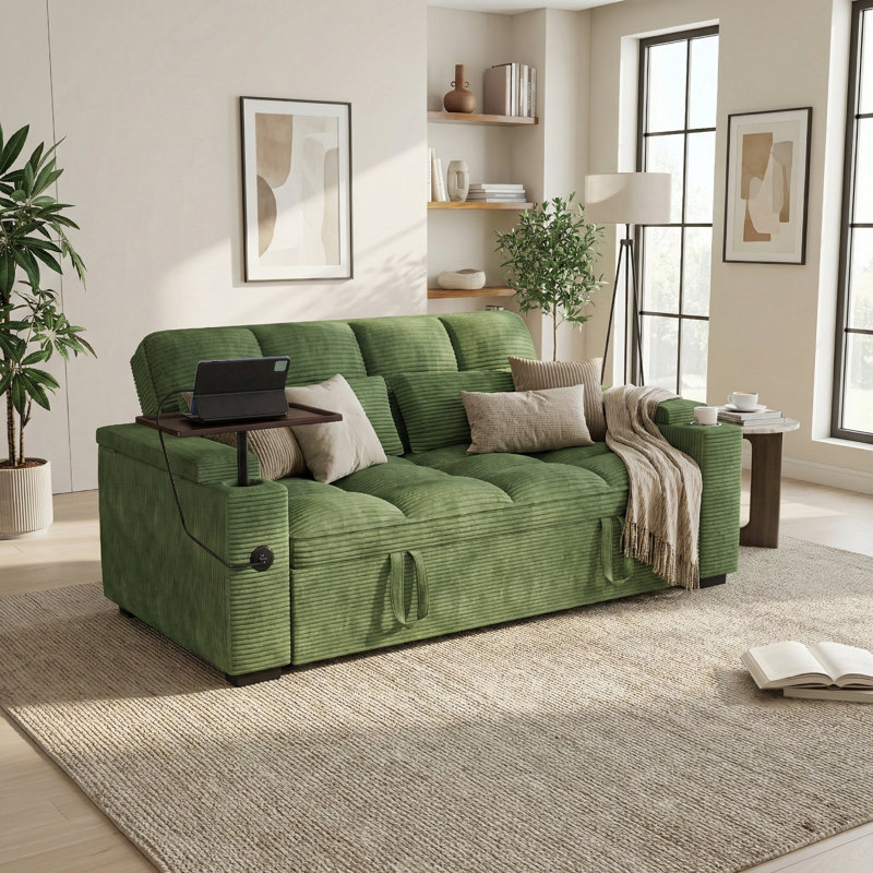 65'' Wide 3-in-1 Convertible Sleeper Sofa with Side Table, Green