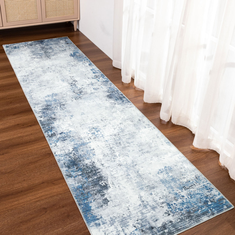Blue/White Machine Washable Modern Abstract Polyester Area Rug, Runner 2'6" x 9'