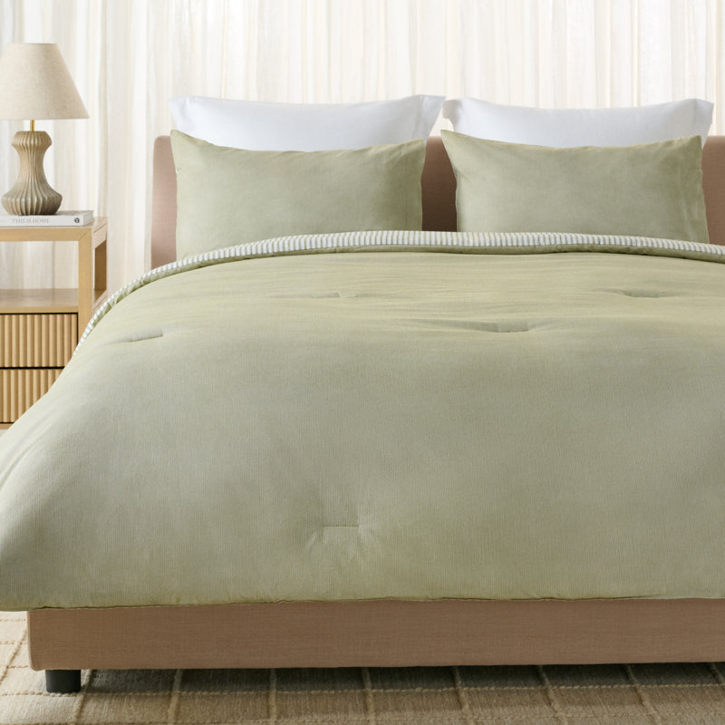 Ensemble d'édredon réversible à rayures, Édredon pour grand lit + 2 taies décoratives pou, Olive / rayures blanches