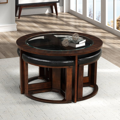 Round Table With 4 Stools, Solid Wood And Glass, -Coloured, Contemporary Living Room Finished Glass Top Coffee Apartment Area