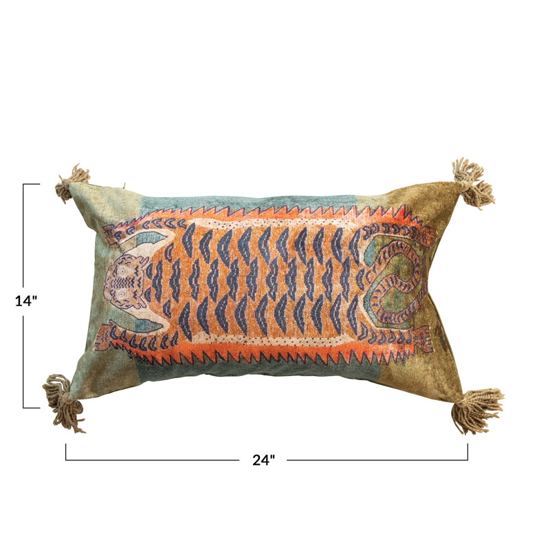 Multicolor Cotton Velvet Tiger Lumbar Pillow with Tassels