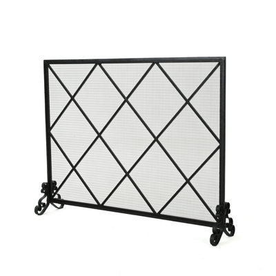 Single Panel Iron Fireplace Screen - Stylish Diamond , 42.29" X 8.84" 31.92", Black Finish Fire Panel, Modern Pattern Diamond, 41.5" 8.9" 32.1",