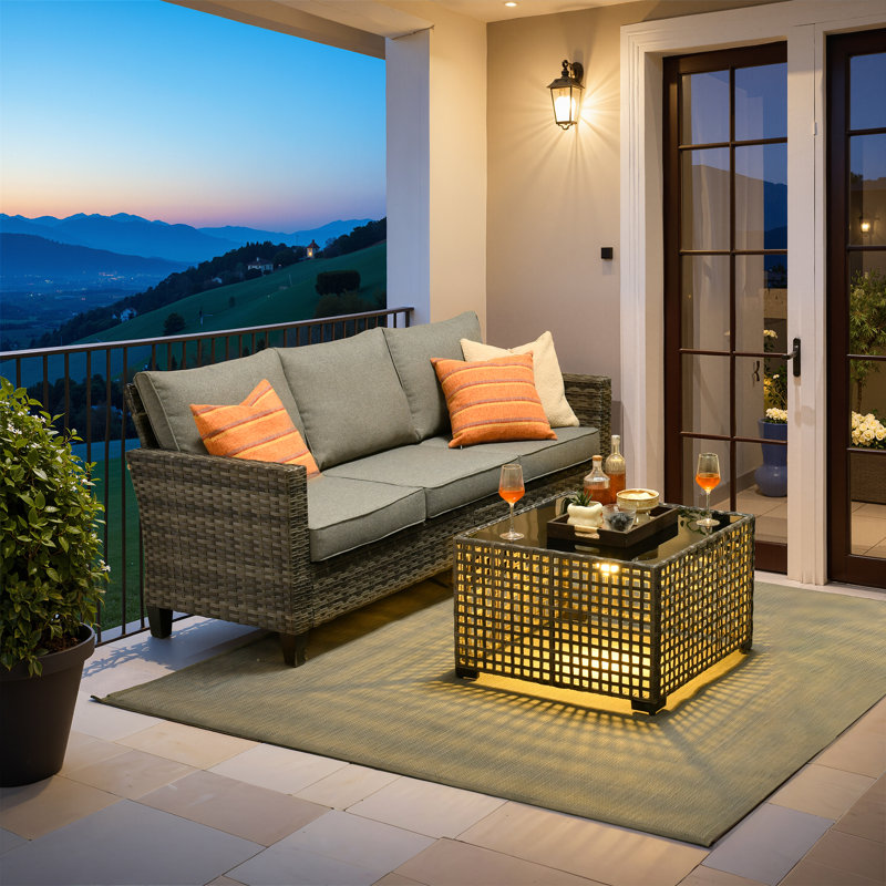 Allcot 76.56'' Wide  All-Weather Wicker Patio Sofa with Lighted Coffee Table and Cushions, Dark Gray