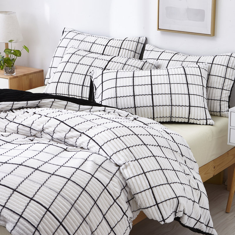 Plaid Duvet Cover Set with Pillowcases Included, Double Duvet Cover + 2 Standard Pillowcases, White