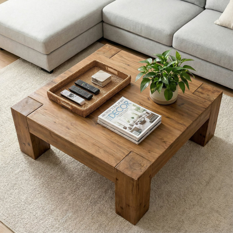 Coffee Table Solid Wood with Wabi-Sabi Style, Mortise-Tenon Joint, Thick Legs, for Living Room, Antique Natural