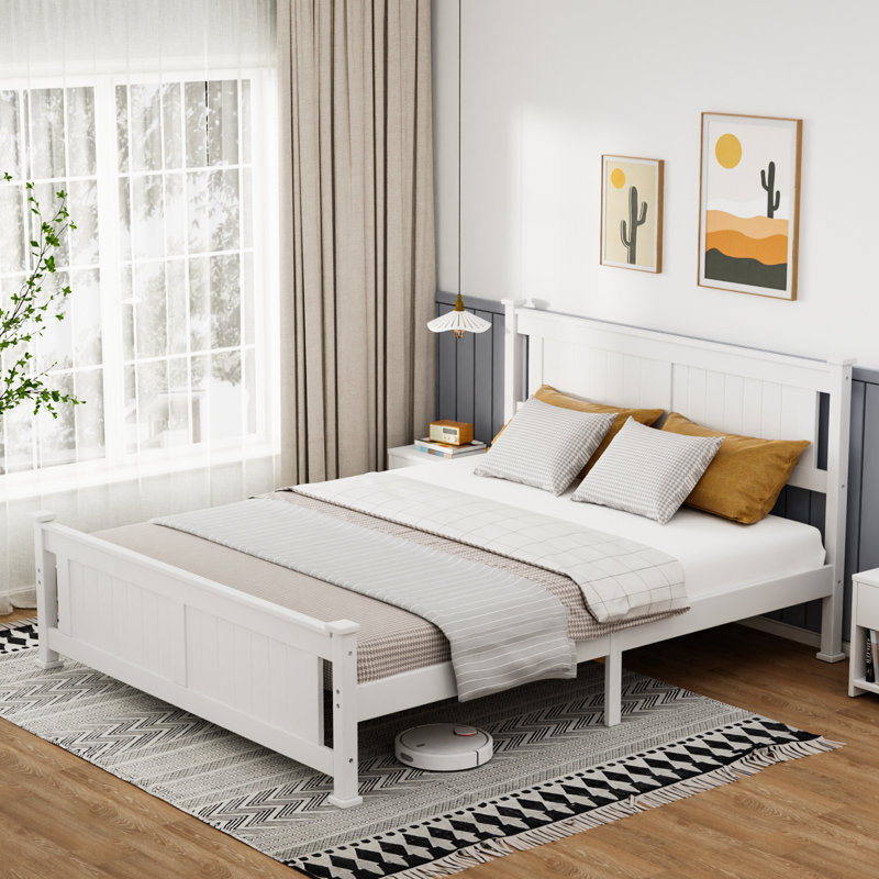 Lit en bois avec tête de lit, Blanc, Grand lit