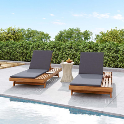 (Set Of 1 Chaise)   Lounge Chaise With Headrest, Acacia Wood