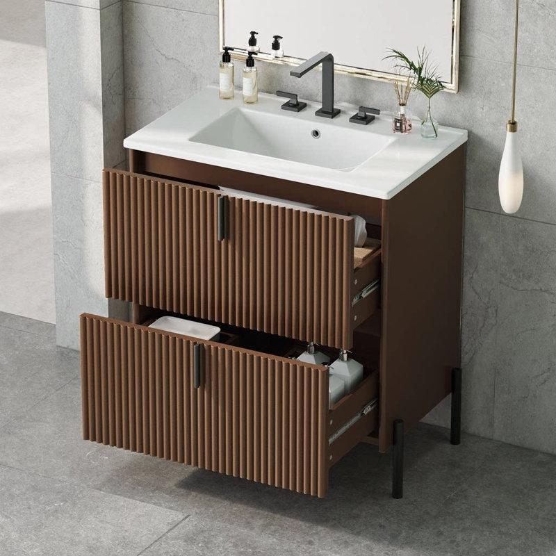 Meuble-lavabo cannelé 30 po avec lavabo en céramique - Tiroirs à fermeture en douceur à extension complète avec rangement cloisonné