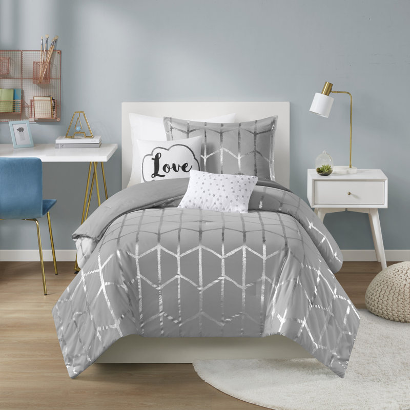 Ensemble d'édredon à imprimé métallique Raina, Édredon simple / simple TG, 1 taie décorative et, Gris / argenté